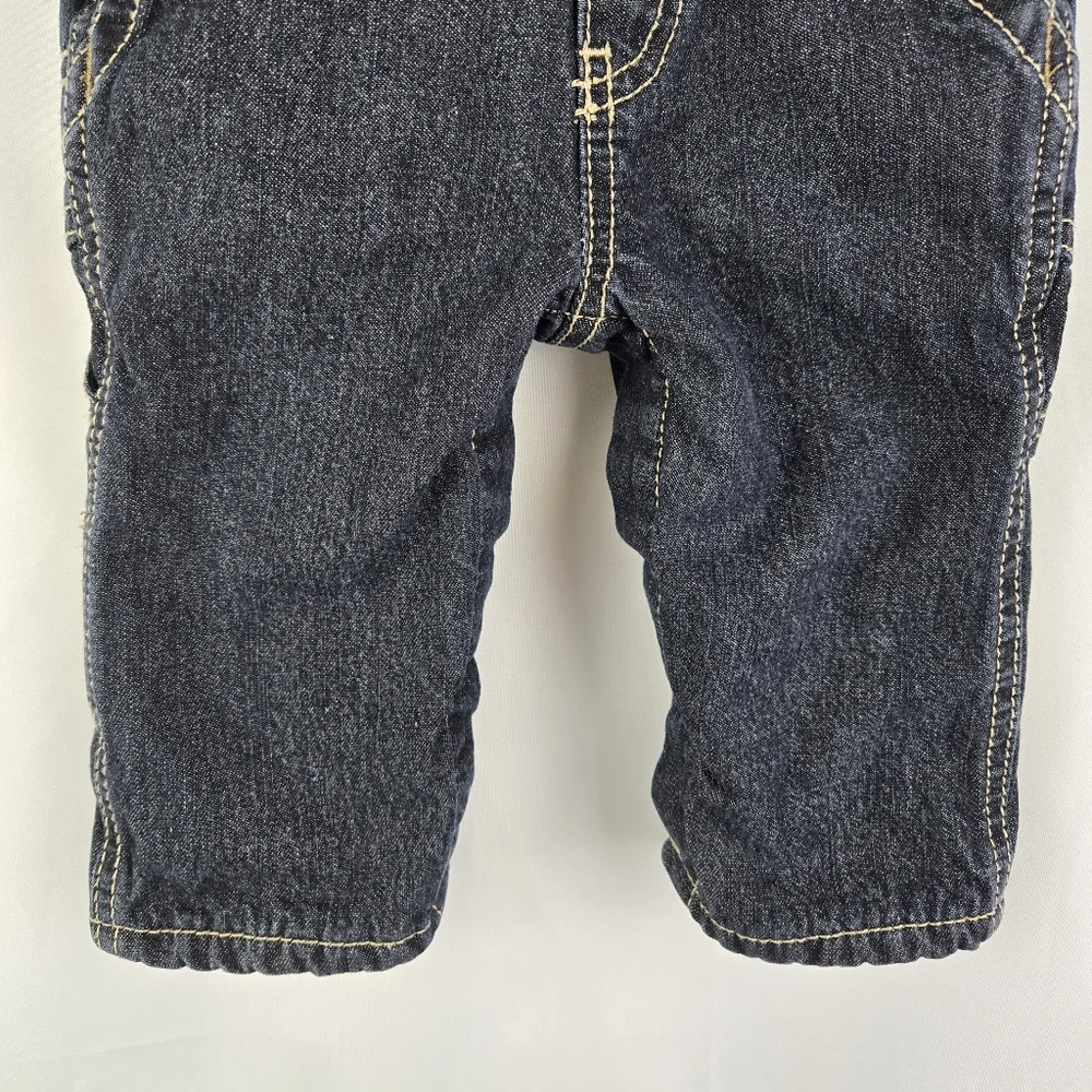 OshKosh B'gosh Fleece Lined Dark Wash Denim Jean Overalls Baby Boy Size 6 Months